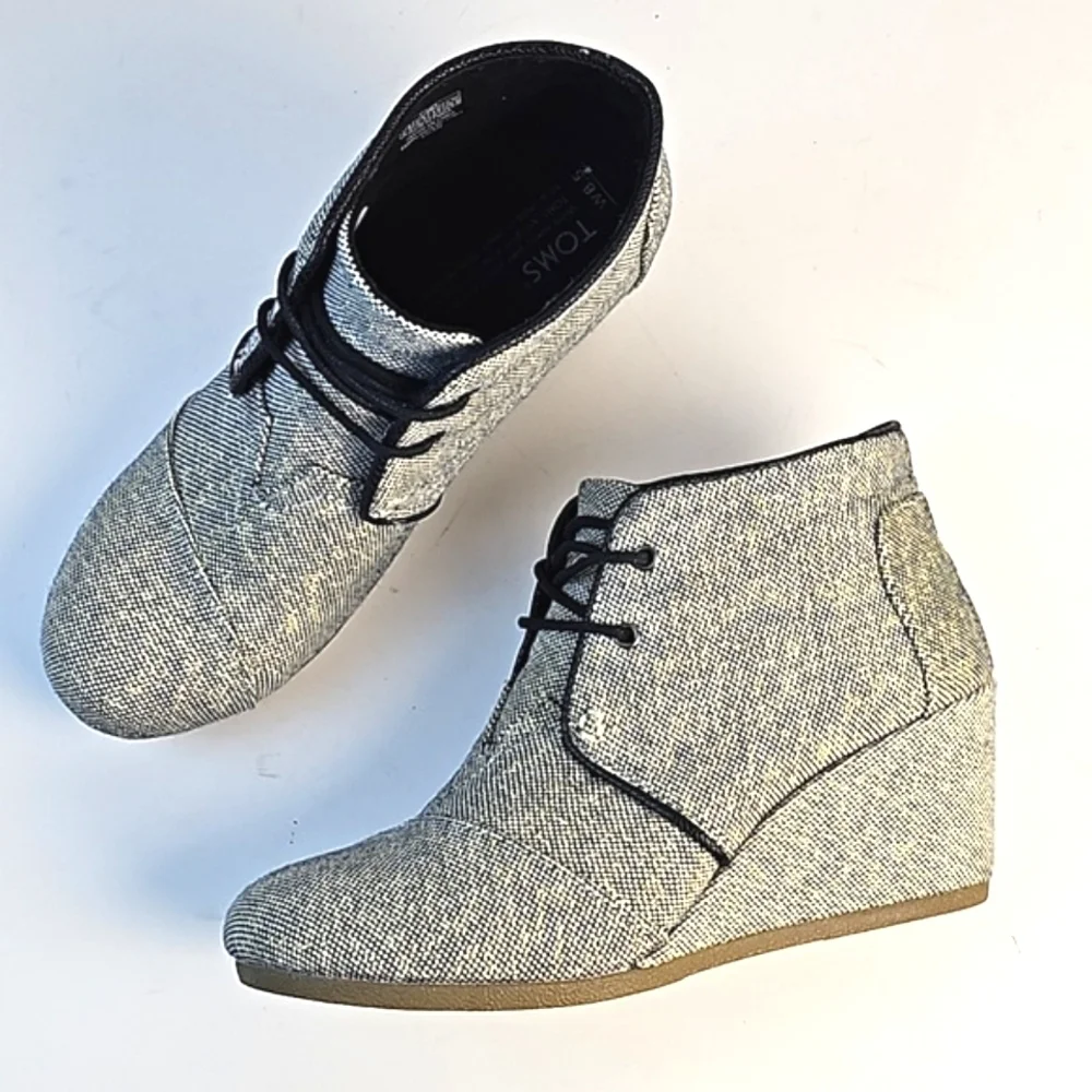 Toms Desert Wedge Linen Tweed Black White Metallic Gold Lace-up Ankle Bootie